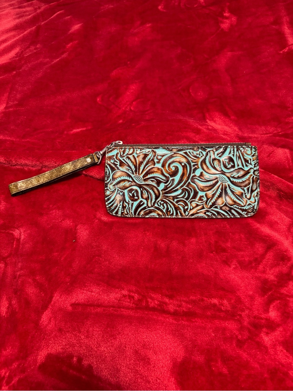 Patricia Nash Tooled Turquoise and Brown Embossed Floral Wristlet
